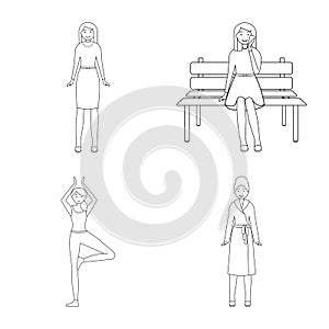 Vector illustration of posture and mood logo. Set of posture and female vector icon for stock.