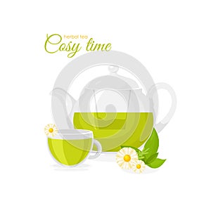 Vector illustration of pot and cup of herbal tea isolated on white background. Tea concept, herbal tea with chamomile