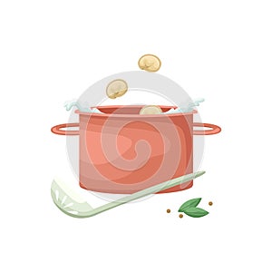 Vector illustration of a pot into which Russian dumplings are thrown. Cooking pelmenies. National food