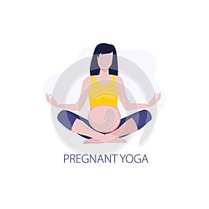 Vector illustration of pregmant girl or woman doing yoga class. Healthy fitness pregnant, sport in pregnancy. Home activity,