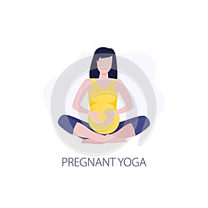 Vector illustration of pregmant girl or woman doing yoga class. Healthy fitness pregnant, sport in pregnancy. Home activity,