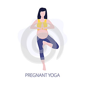 Vector illustration of pregmant girl or woman doing yoga class. Healthy fitness pregnant, sport in pregnancy. Home activity,