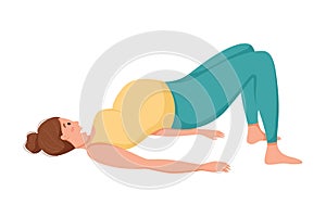 Vector illustration, pregnant woman doing yoga or gymnastics, Setu Bandha Sarvangasana pose