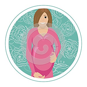 Vector illustration of the pregnant woman on a flower round back