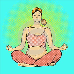Vector illustration of pregnant woman practicing yoga, pop art style