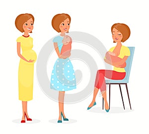 Vector illustration of pregnant woman, woman with a baby and breastfeeding. Mother with a baby, feeds baby with breast