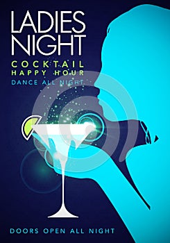 Vector illustration template party event happy hour ladies night flyer design with cocktail glass