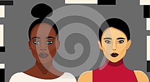 Vector illustration of pretty african and asian girl.