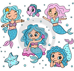 Vector illustration with pretty little mermaid, marine life cartoon character with big eyes.