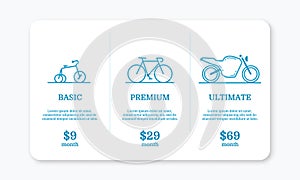 Vector illustration of pricing subscription plan table template with blue bicycles and motocycle in line style.