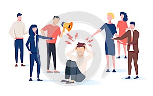 Vector illustration, the problem of bullying, a man sits on the floor surrounded by people mocking him.