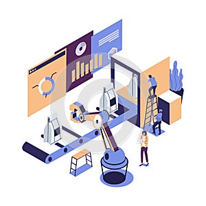Vector illustration, a production line with workers, automation and user interface concept: user connecting with a tablet and