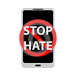 Vector illustration of prohibition sign of stop hate with mobile phone.