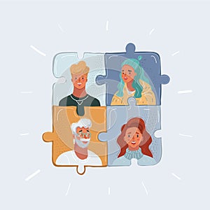 Vector illustration of project team with puzzles, jigsaw. Peope face avatars. Man and woman get together. Female and photo