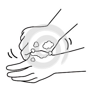 A vector illustration of proper hand washing procedures, step  6, twist your thumb and palm.