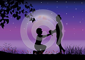 Vector illustration . Propose marriage under moonlight