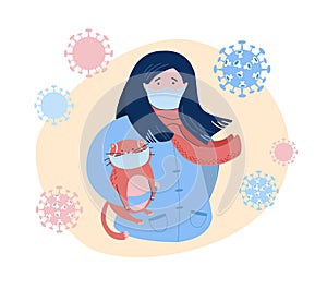 Vector illustration Protect from Coronavirus. Cute woman and cat against Covid-19. Basic RGB