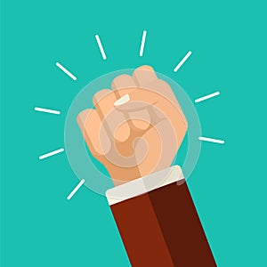 Vector illustration protest concept. Mans fist. Protest placard symbol. Win background. Flat style power in business poster.