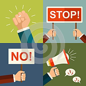 Vector illustration protest concept. Mans fists, protest placard symbol. Hands holding signs and bullhorn. Politic crisis, politic