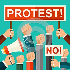 Vector illustration protest concept. Mans fists, protest placard symbol. Hands holding signs and bullhorn. Politic crisis, politic