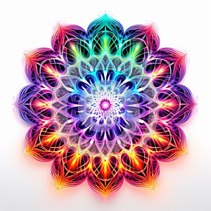 Vibrant Neon Mandala Flower On White Background