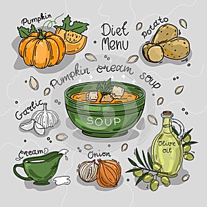 Vector illustration of pumpkin cream soup. Ingredients. Recipe.