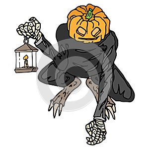 Pumpkin monster with wings for Halloween. Vector illustration pumpkin monster and skulls. Hand drawn scary pumpkin with scythe and