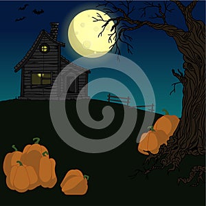 Vector illustration of a pumpkin under a tree on a background of a haunted house and a full moon on Halloween night.