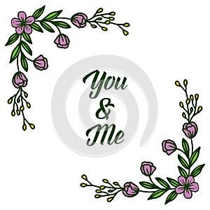 Vector illustration purple flower frames isolated on white backdrop with letter you and me