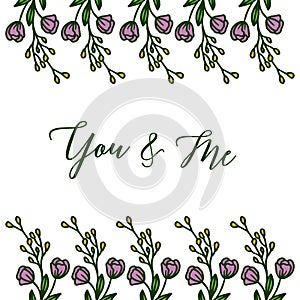 Vector illustration purple flower frames isolated on white backdrop with letter you and me