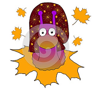 Vector illustration purple snail crawling on orange maple leaf