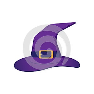 Vector illustration of purple witch hat with a gold buckle isolated on blank space. Halloween design element on white background