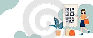 Vector Illustration, QR Code scanning Concept, Showing people scan code using smartphone, Suitable for landing page, UI
