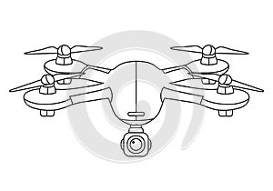 Vector illustration of quadcopter aerial drone with camera for photography, video surveillance or delivery isolated on white