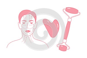 Vector illustration of quartz face roller, gua sha scraper and woman portrait with massage lines