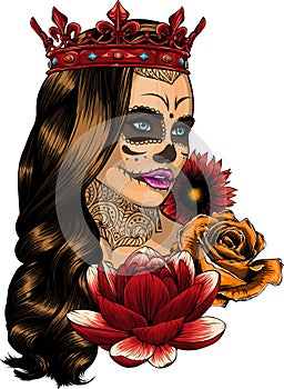 vector illustration of queen with crown and vintage flower
