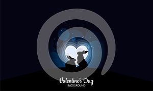 Vector illustration of rabbits couple looking at the full moon in heart shape. Night sky with stars and cloud.