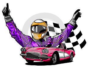 A vector illustration of a race car driver in front of his car