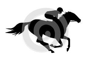 Vector illustration of race horse with jockey. Black isolated silhouette on white background. Equestrian competition logo. eps fil photo