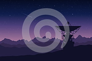 Vector illustration of radio telescope in remore mountain location at night. Silhouette large antenna observatory space research