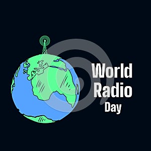 vector illustration. Radio tower stands on planet earth in space. World Radio Day inscription