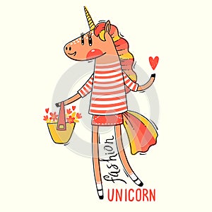Vector illustration of a Rainbow Unicorn in fashionable clothes. Fashion kawaii animal. Can be used for t-shirt print