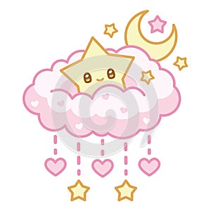 Vector illustration of rainy cloud with cute star, kawaii illustration, moon, stars, cute, kawaii, cloud