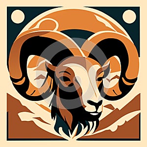 Vector illustration of ram head with big horns. The symbol of the zodiac. generative AI