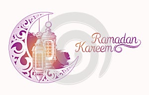 Vector illustration for Ramadan Kareem with sketch of Ramadan lantern, vintage moon isolated on white