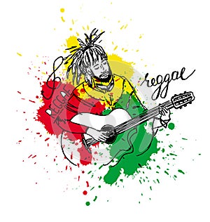 Vector illustration of rastaman playing guitar. Cute rastafarian guy with dreadlocks. Hand-drawn. Colour splashes. photo