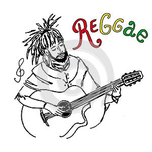 Vector illustration of rastaman playing guitar. Cute rastafarian guy with dreadlocks. Hand-drawn. Isolated on a white background. photo