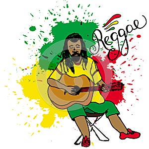 Vector illustration of rastaman playing guitar. Rastafarian guy with dreadlocks wearing yellow shirt, green pants, red shoes. photo