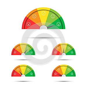 Vector illustration of rating customer satisfaction meter, different colors from red to green with colored smiles