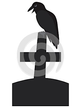 Vector illustration Raven is sitting on cross tombstone on a white background. Halloween